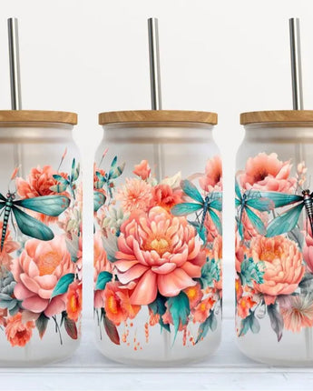 Verre 16oz Libellule et fleurs pêche - Bébé LoupKate Heaven